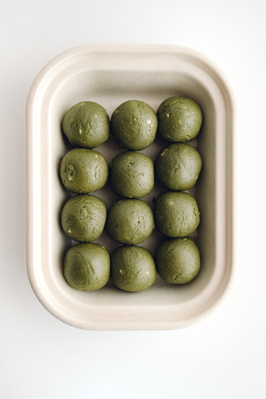 Raspberry Jam Filled Matcha Bliss Balls